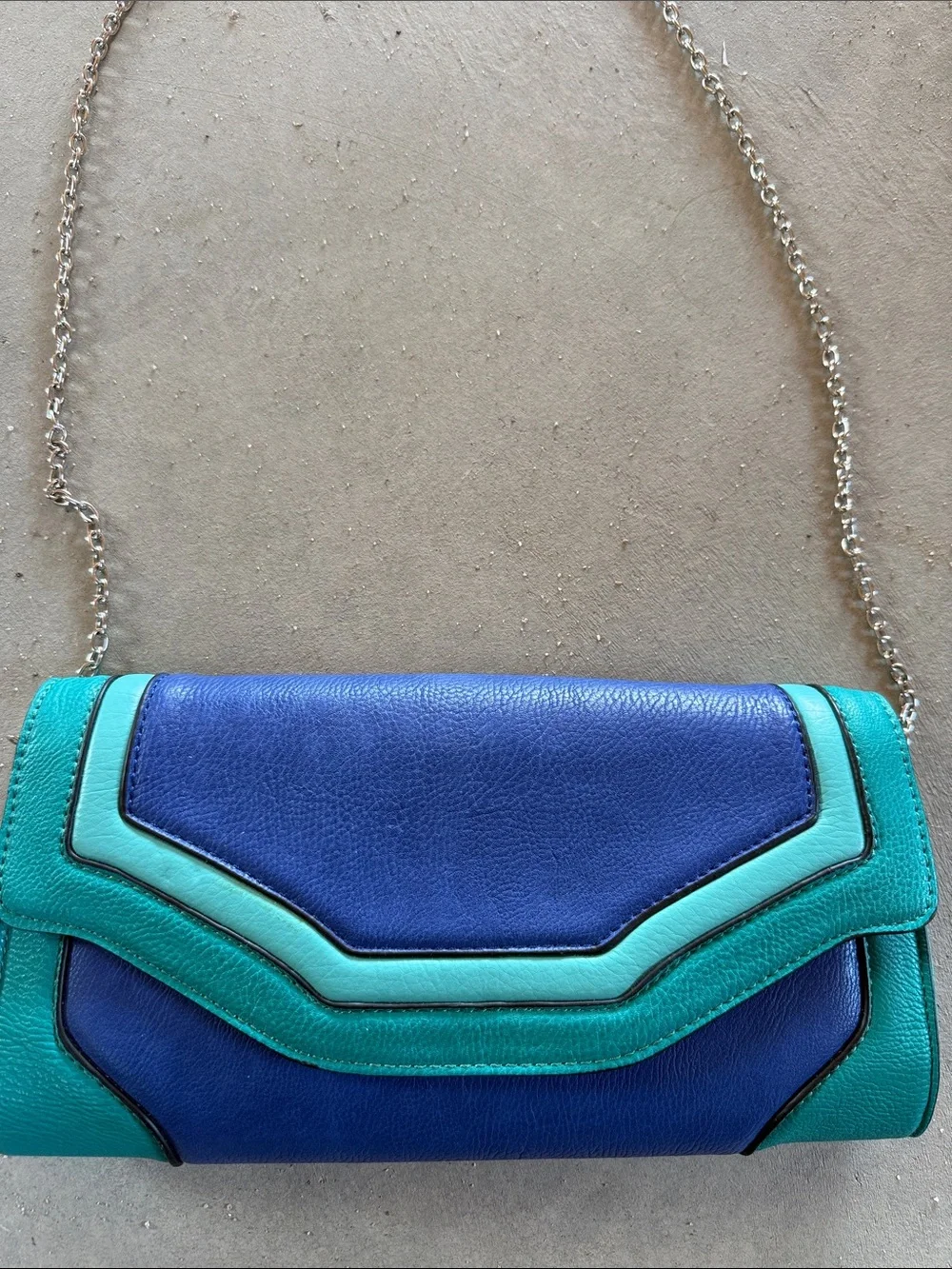 Melie Bianco Blue and Teal Leather Chain Clutch